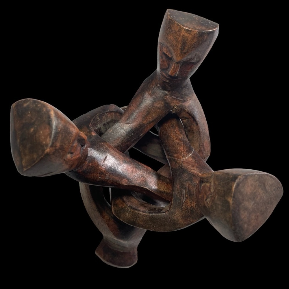 Interlocking African Trible Carved 3 Men Wooden Tribal Sculpture Unity Art Decor - Picture 3 of 4